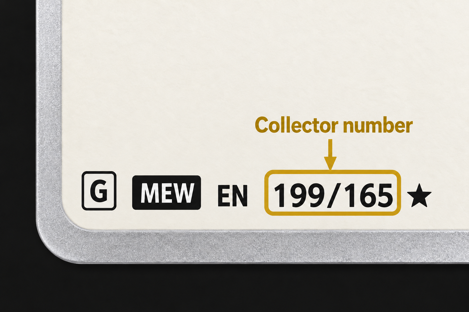 Illustrated card bottom edge with collector number 199/165 outlined in gold beside the set code.