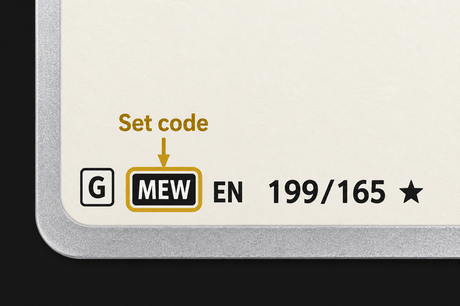 Illustrated card bottom edge with the set code MEW outlined in gold beside the collector number.